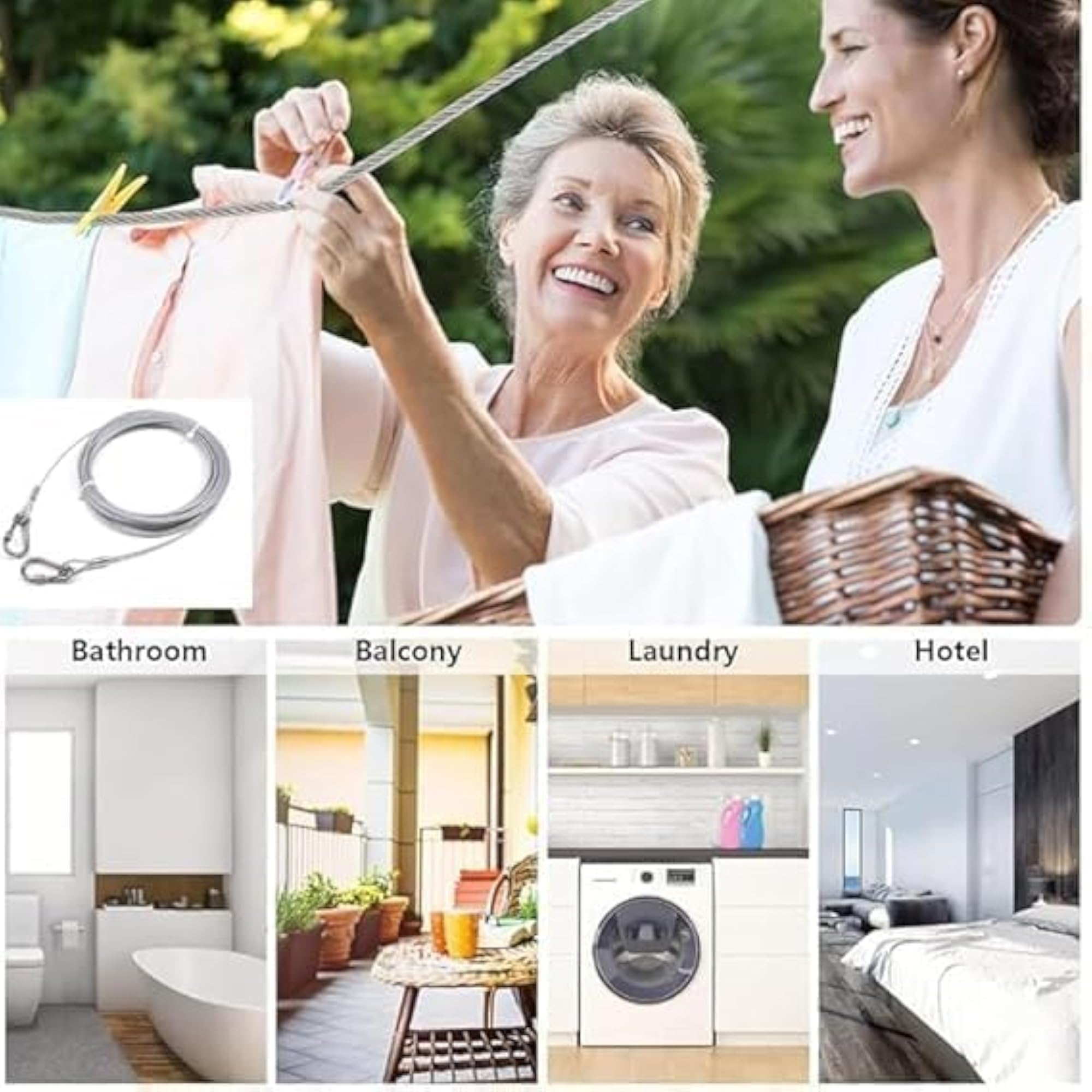 Heavy Duty Clothes Drying Rope with Hooks, Rust-Resistant